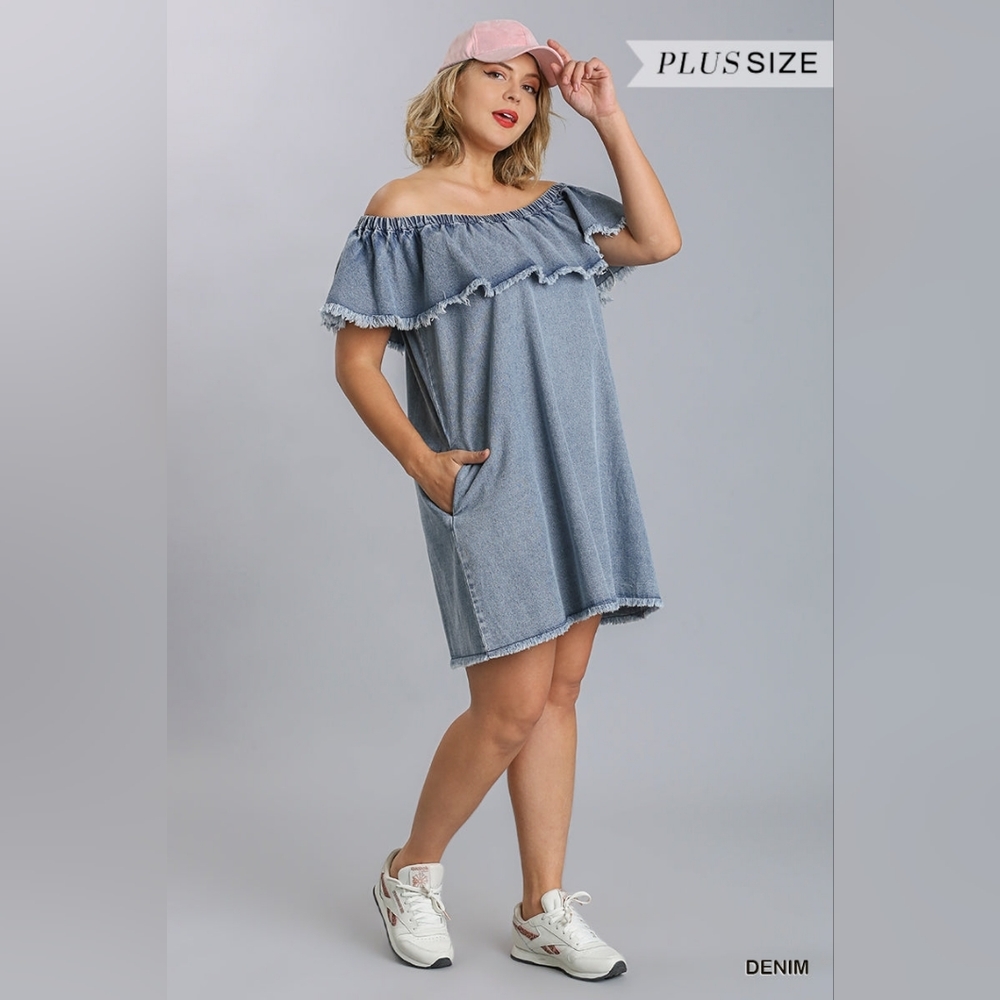 Off Shoulder Ruffled Denim Dress - Picture 8 of 10